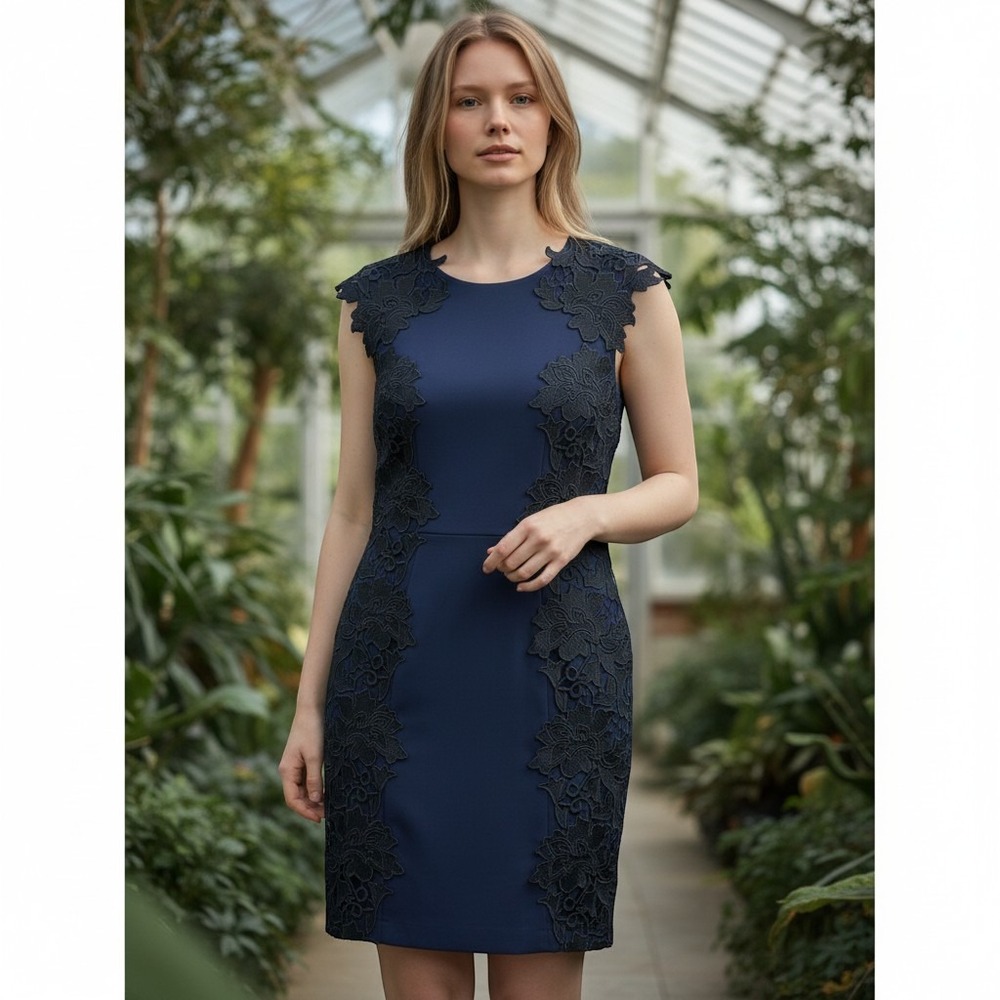 Betsey Johnson Navy Blue Lace Applique Sheath Cocktail Dress Womens 2